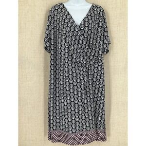 Talbots Plus Navy White Medallion‎ Faux Wrap Dress 3X Short Sleeve V-Neck Jersey